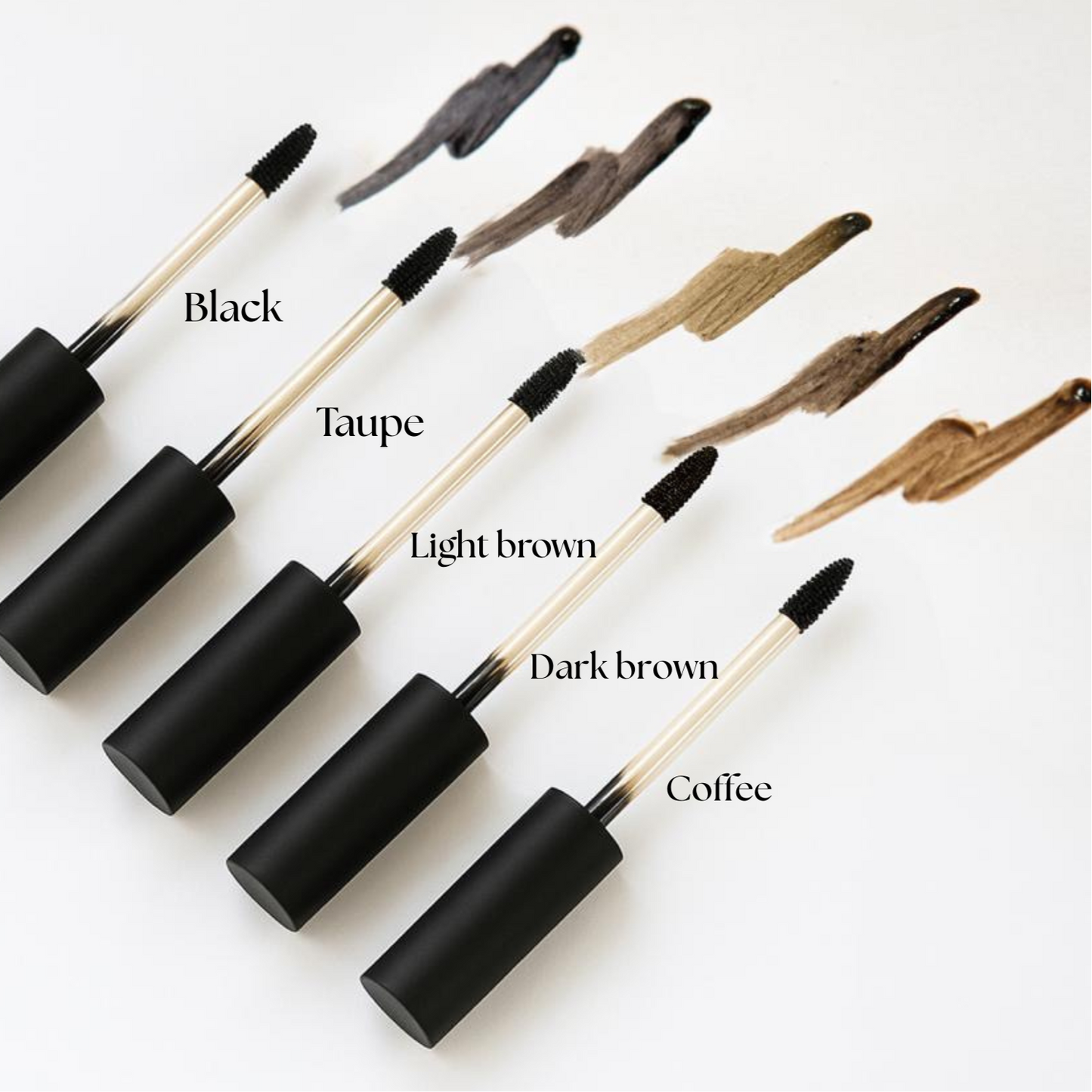 Nuancier de 5 teintes de teinture hybride SN BEAUTY avec applicateurs : Black, Taupe, Light Brown, Dark Brown et Coffee, présentées sur fond blanc.